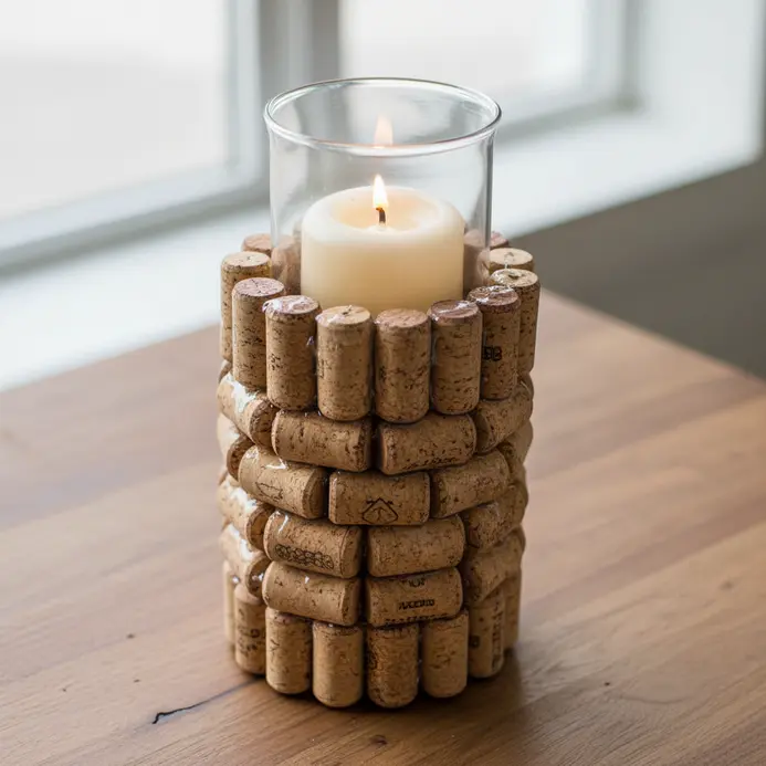 A cylindrical glass pillar candle holder completely covered with vertically aligned wine corks.