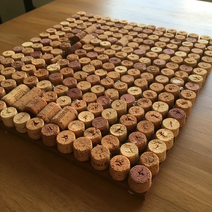 A square wooden panel covered with a textured mosaic of sliced and whole wine corks forming an abstract pattern.