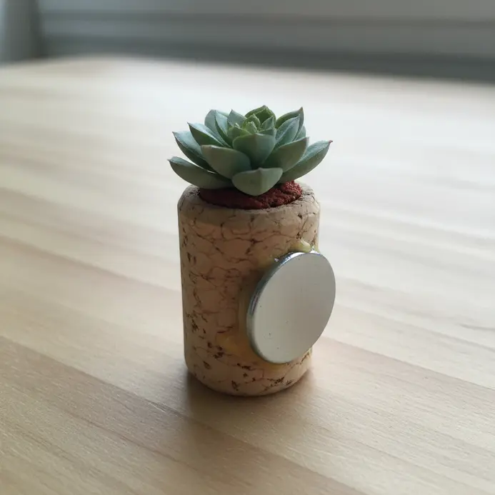 A wine cork with a hole holding a tiny succulent, attached to a strong magnet on the back.