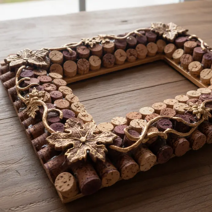 A wooden picture frame with its border thickly embellished with sliced wine cork rounds and whole corks.