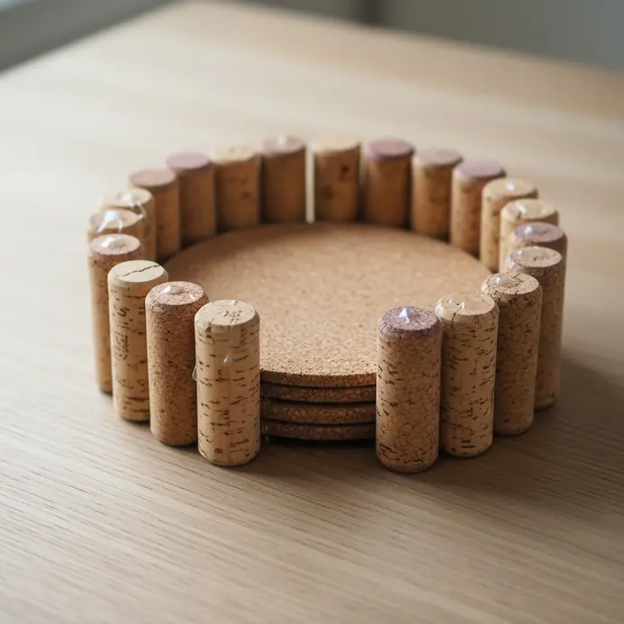 A circular wooden base with upright corks forming a ring, designed to hold a stack of sliced cork coasters.