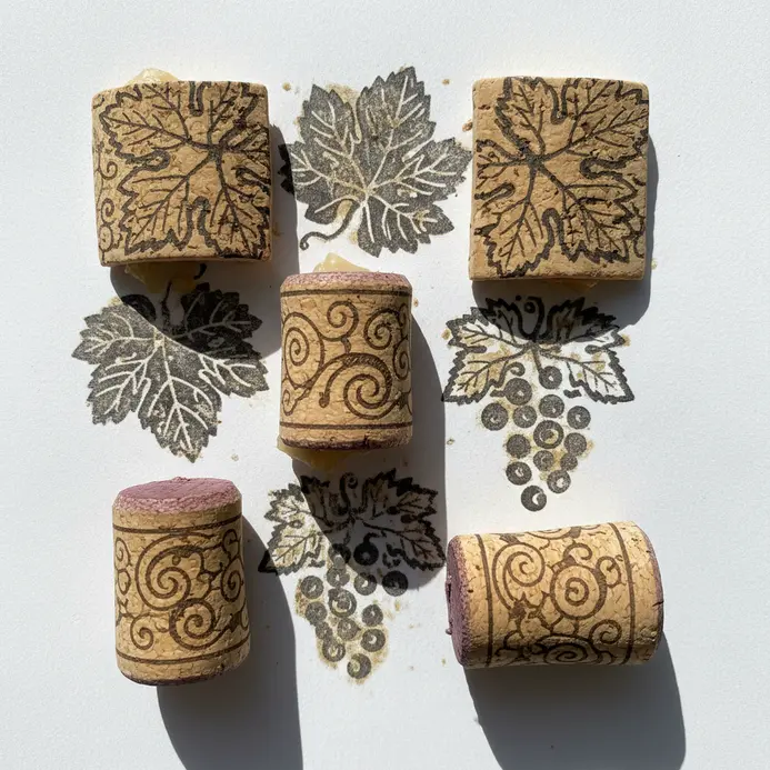 Several wine cork ends carved with detailed designs like leaves and geometric shapes for use as rubber stamps.