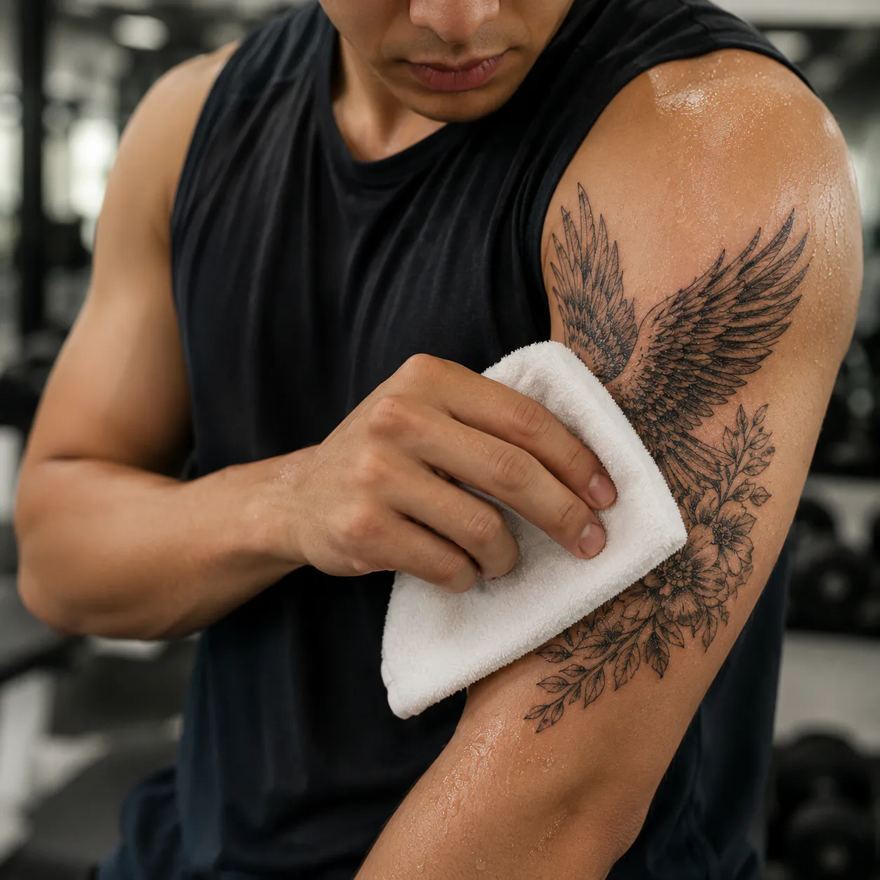 A person using a clean cloth to carefully pat sweat away from a healing tattoo.