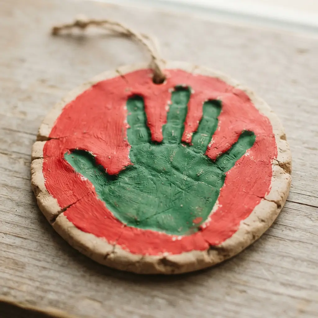 A round, baked salt dough ornament featuring a child's painted handprint on a red background.