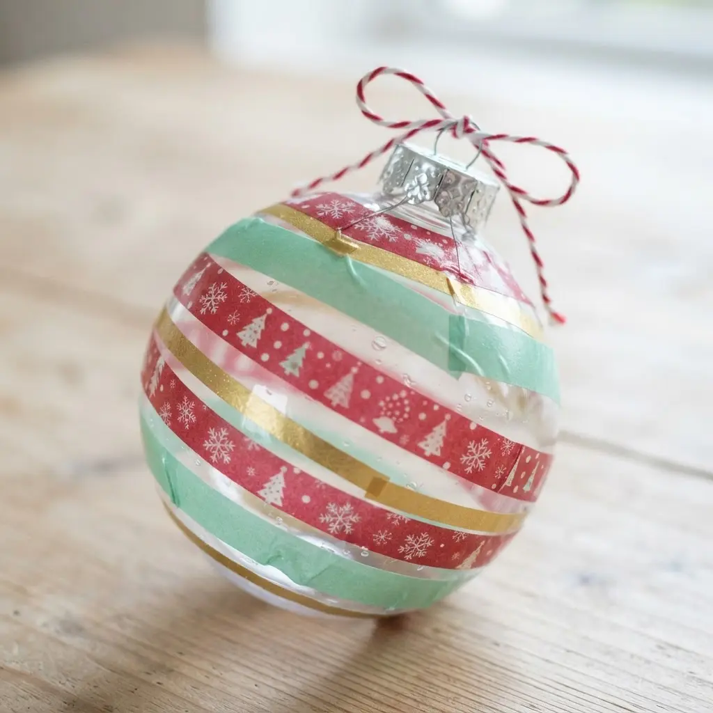 A clear plastic fillable ornament ball decorated with strips of festive red and green patterned washi tape.