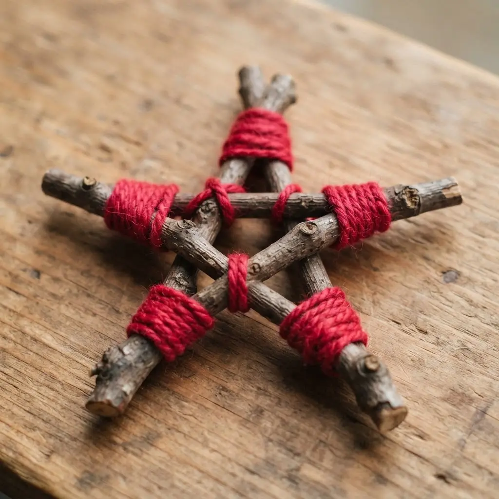 A five-pointed star ornament formed by small twigs bound together at the points with red yarn.