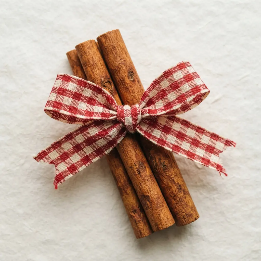A bundle of three cinnamon sticks tied together with a wide red and white gingham ribbon bow.