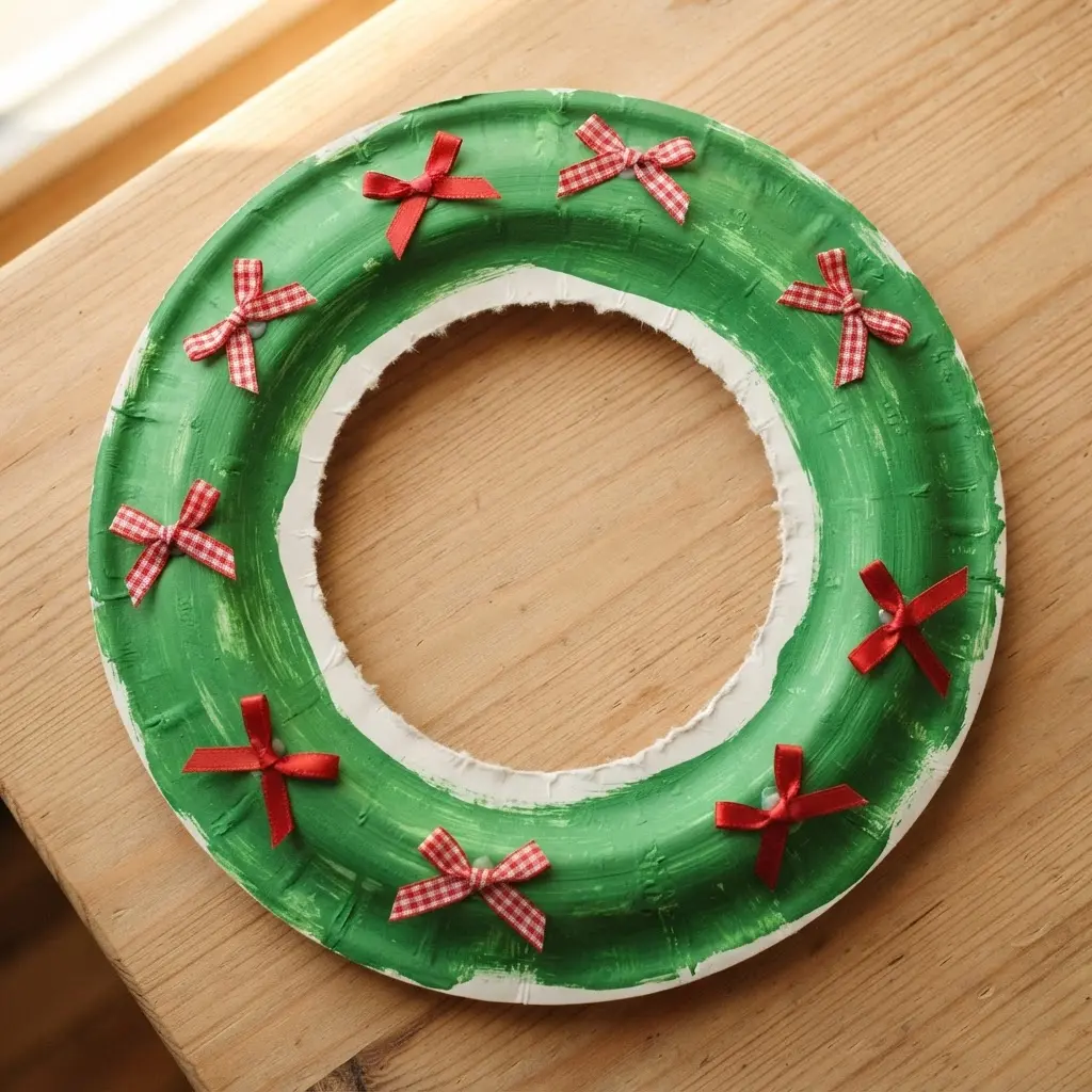 A green paper plate with the center cut out to form a wreath, decorated with small red ribbon bows.