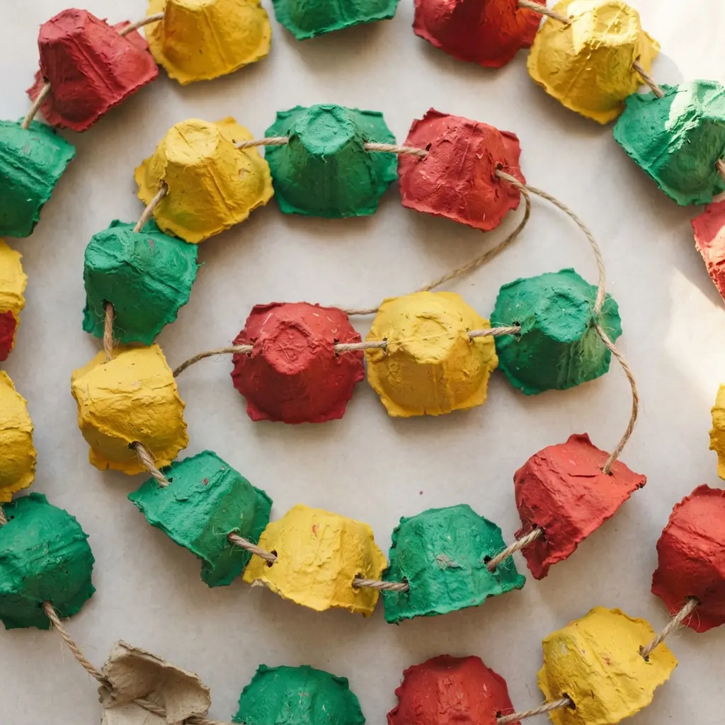 A garland made from individually painted egg carton cups strung on a string to resemble Christmas lights.