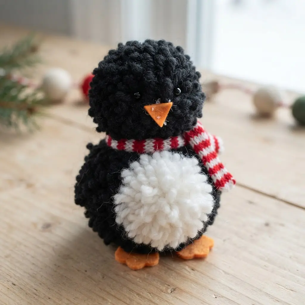 A small penguin ornament made from glued black and white pom poms with orange felt feet and a beak.