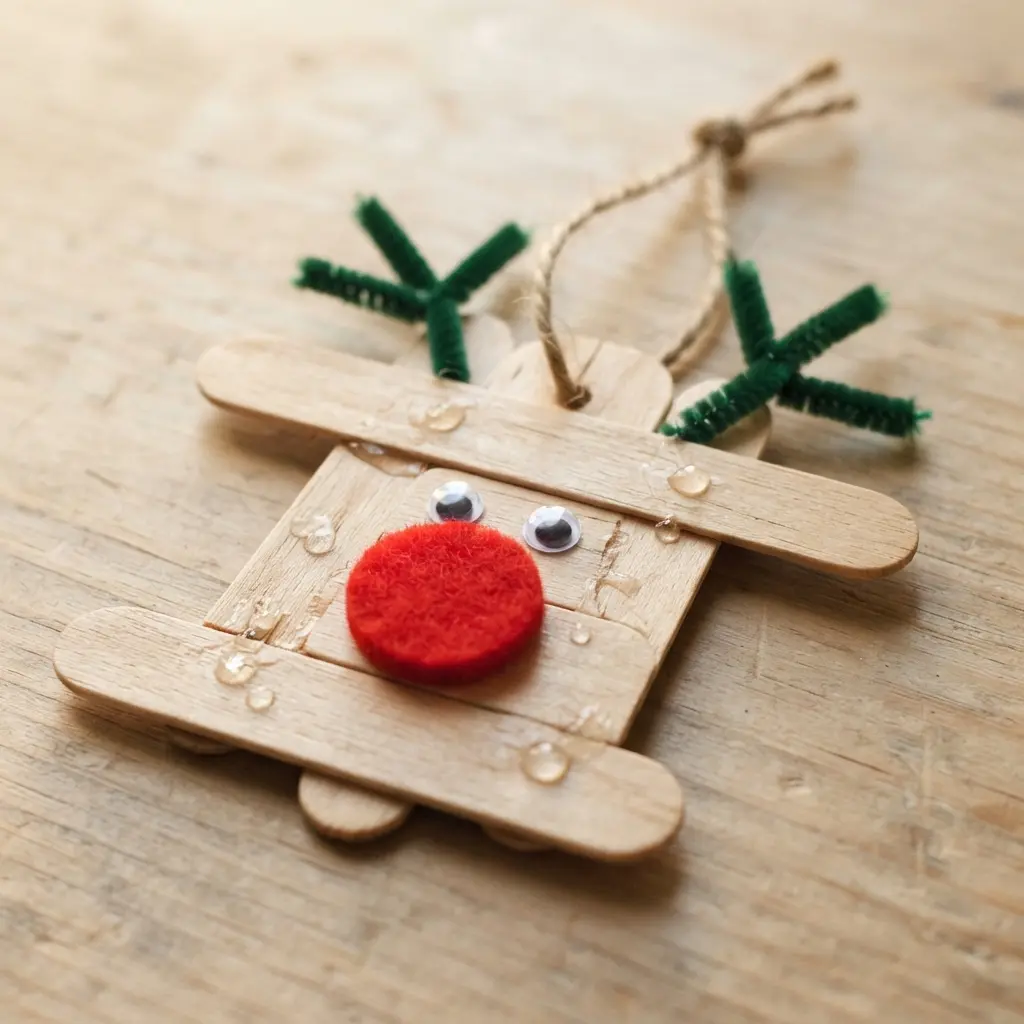 A brown reindeer face ornament constructed from three glued popsicle sticks with a red pom-pom nose.