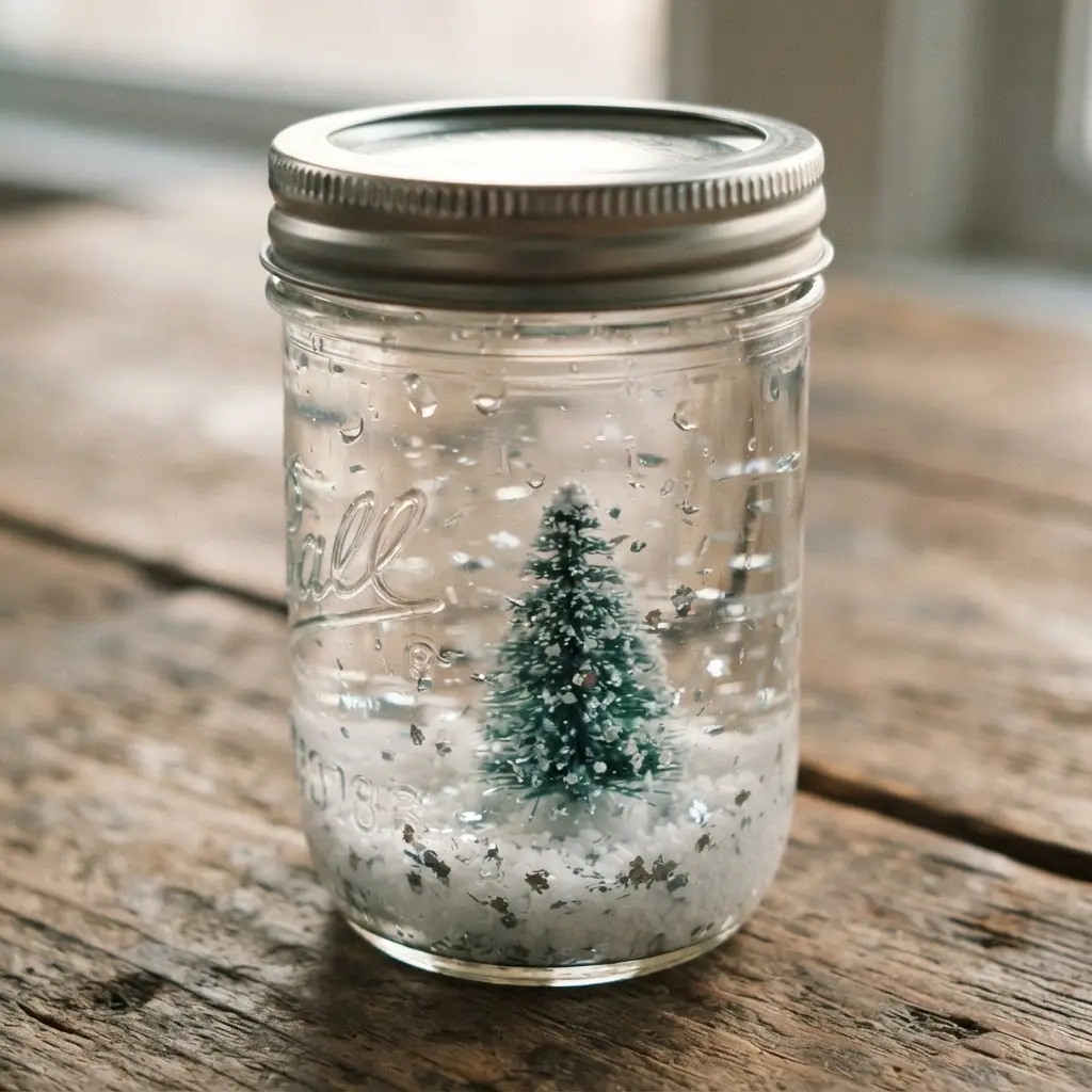 A small mason jar snow globe containing a tiny evergreen tree and white glitter in water.