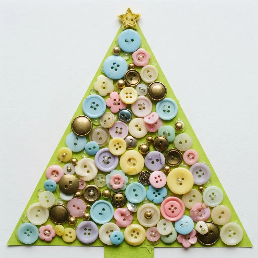 A green cardstock Christmas tree shape covered with an assortment of colorful buttons as ornaments.