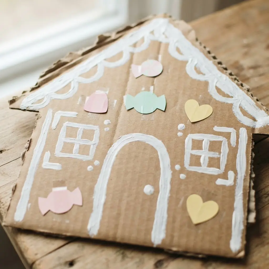 The front of a gingerbread house cut from brown cardboard and decorated with white paint and paper candy.