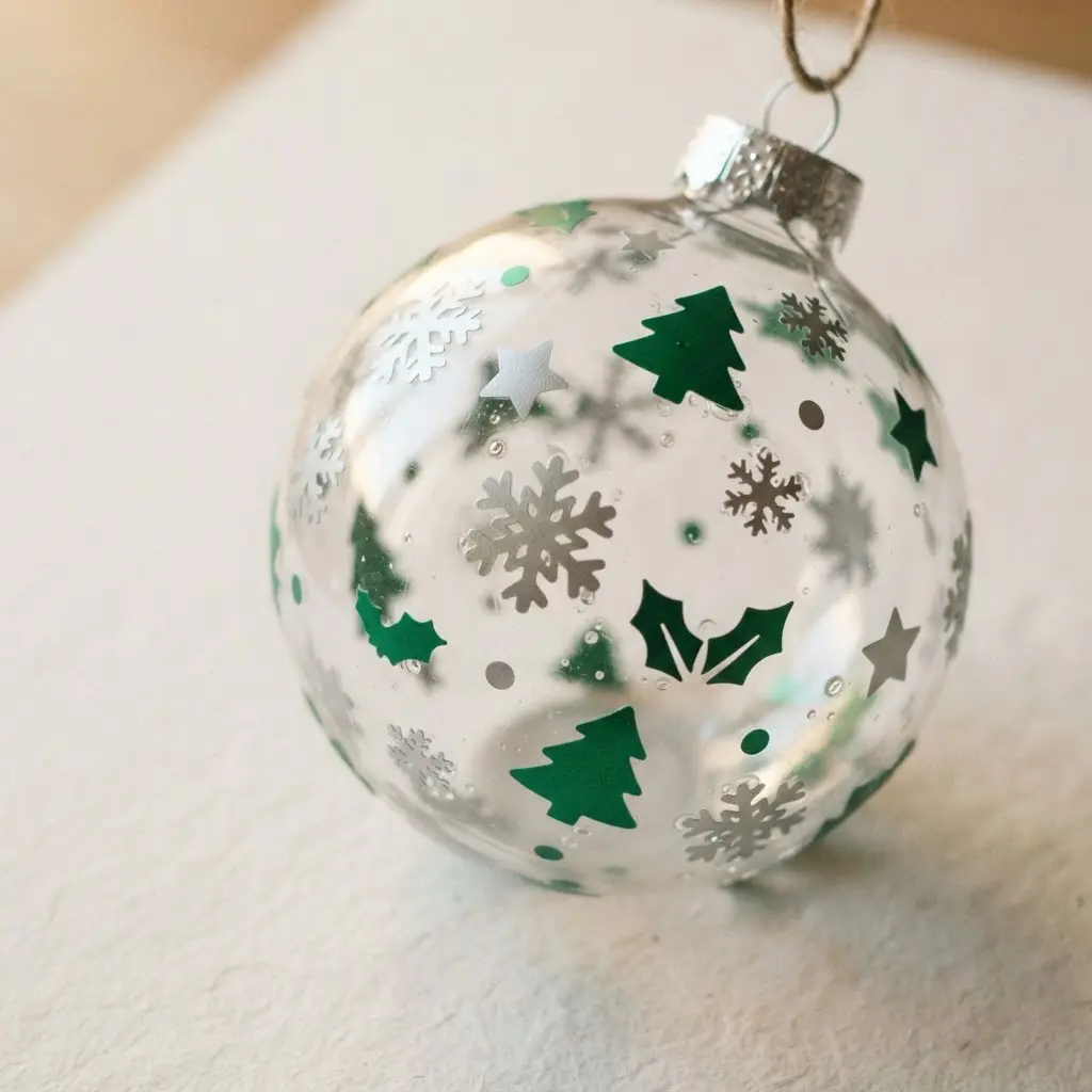 A clear plastic fillable ornament ball decorated with colorful vinyl stickers of snowflakes and trees.