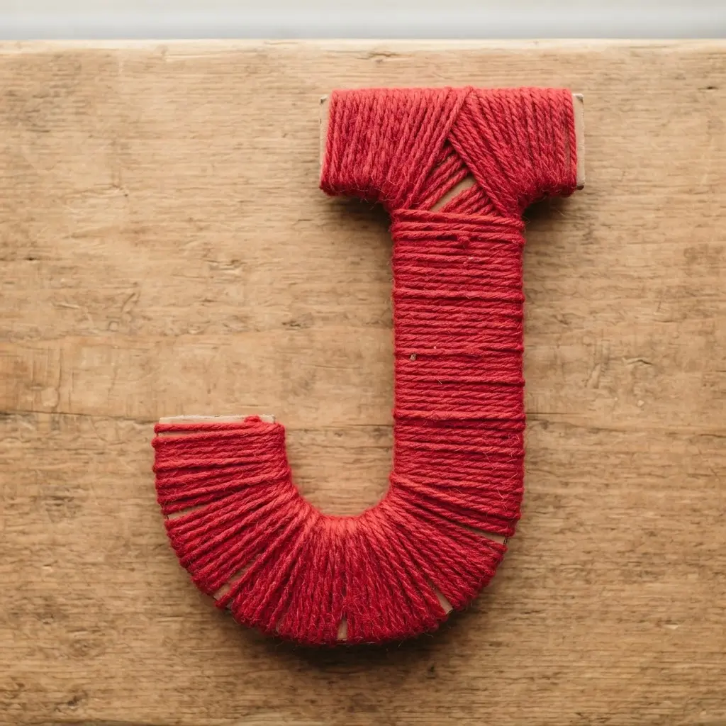 A large cardboard letter shape, like an 'N', completely covered in tightly wrapped red yarn.