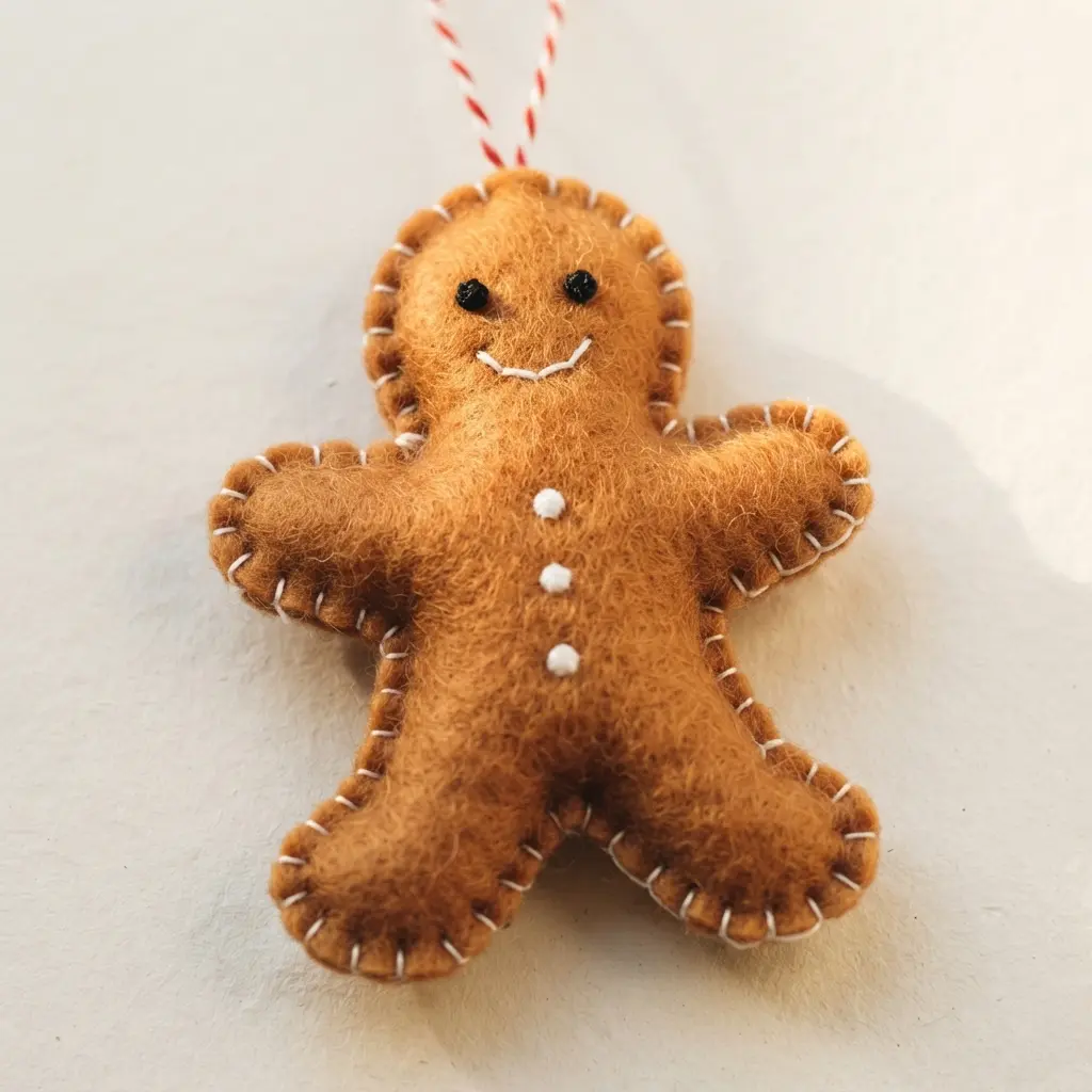 A brown felt gingerbread man ornament with white button eyes and red stitching details.