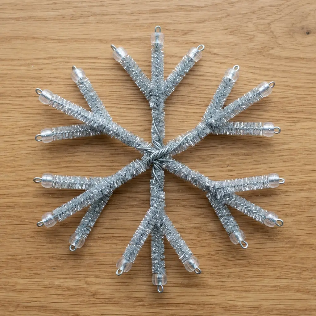 A symmetrical snowflake made from white and silver pipe cleaners twisted together, decorated with beads.