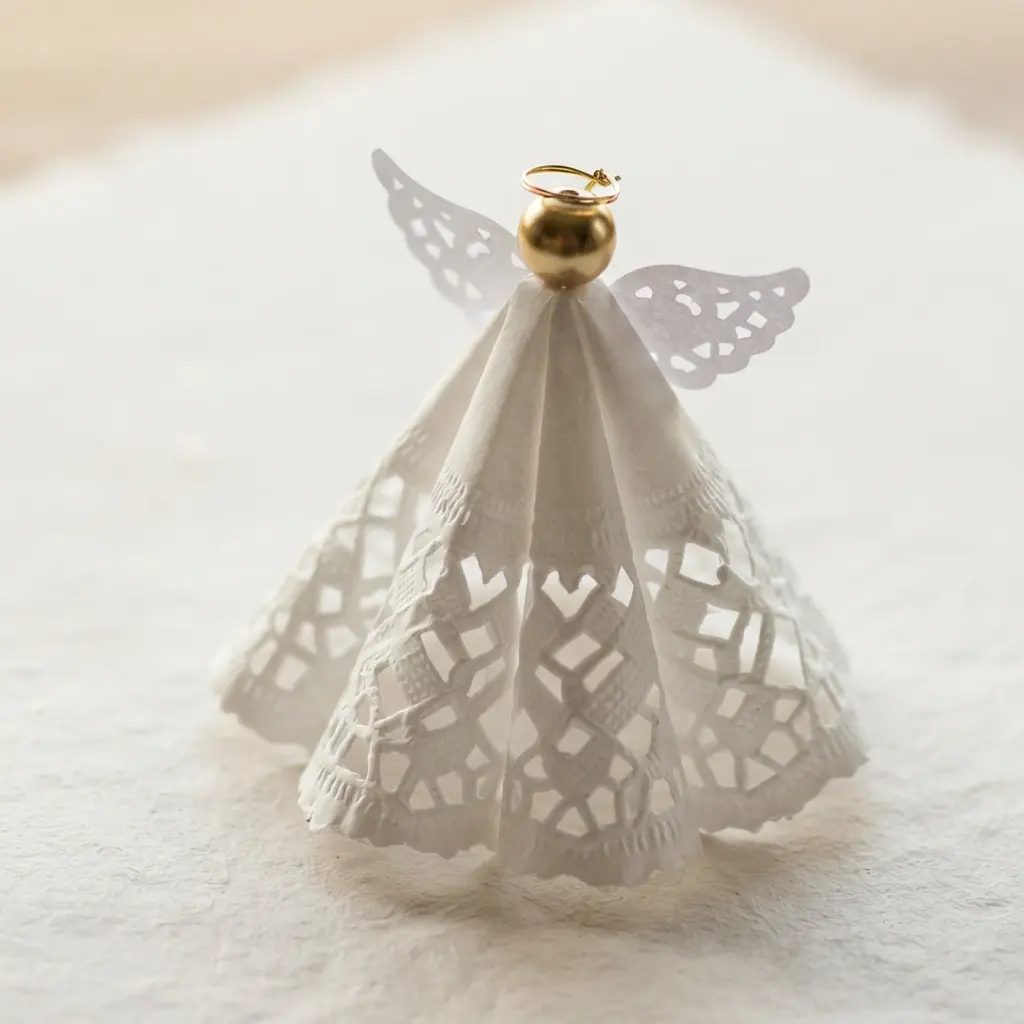 A small angel ornament with a white paper doily skirt, a gold bead for a head, and paper wings.