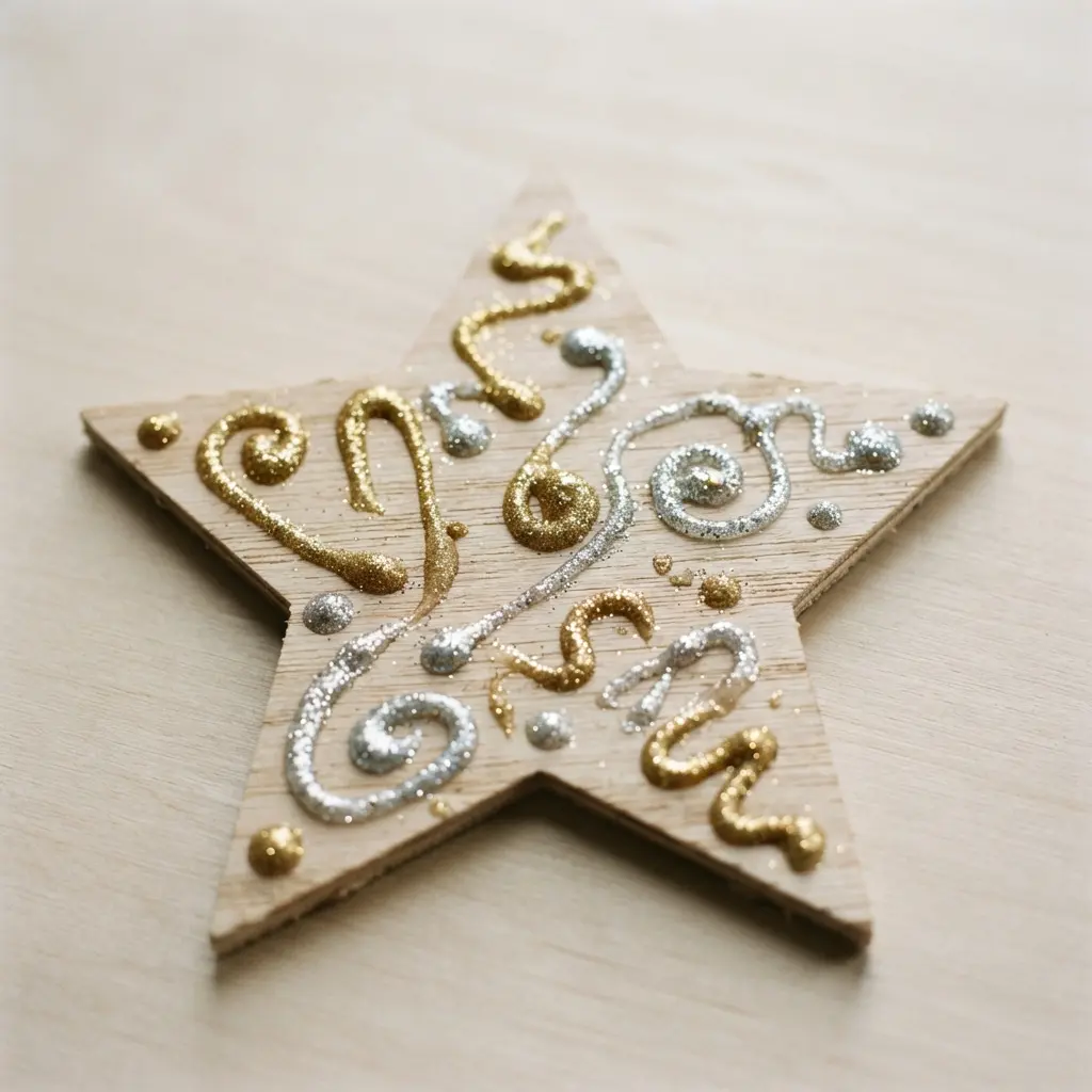 An unpainted wooden star shape decorated with lines and dots of gold and silver glitter glue.