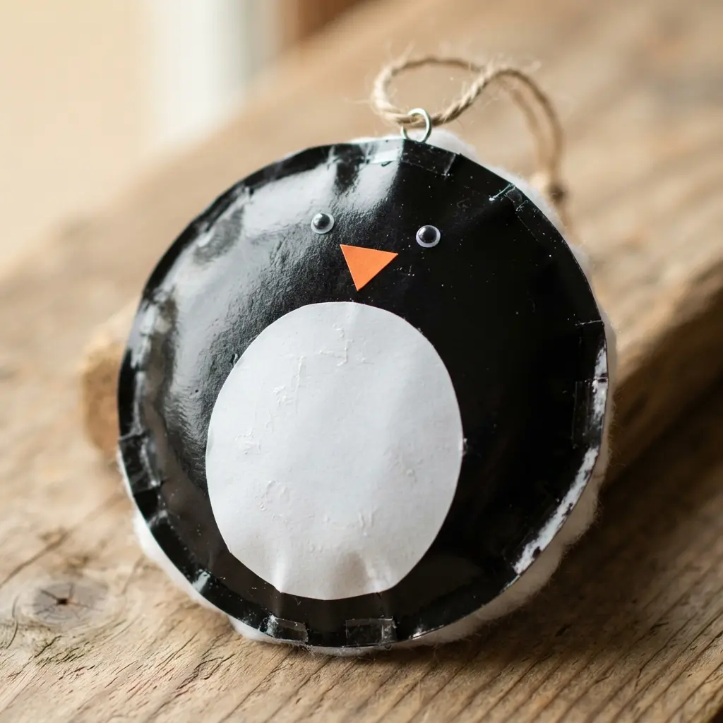 A stuffed paper penguin ornament made from two glued black paper circles with a white paper belly.