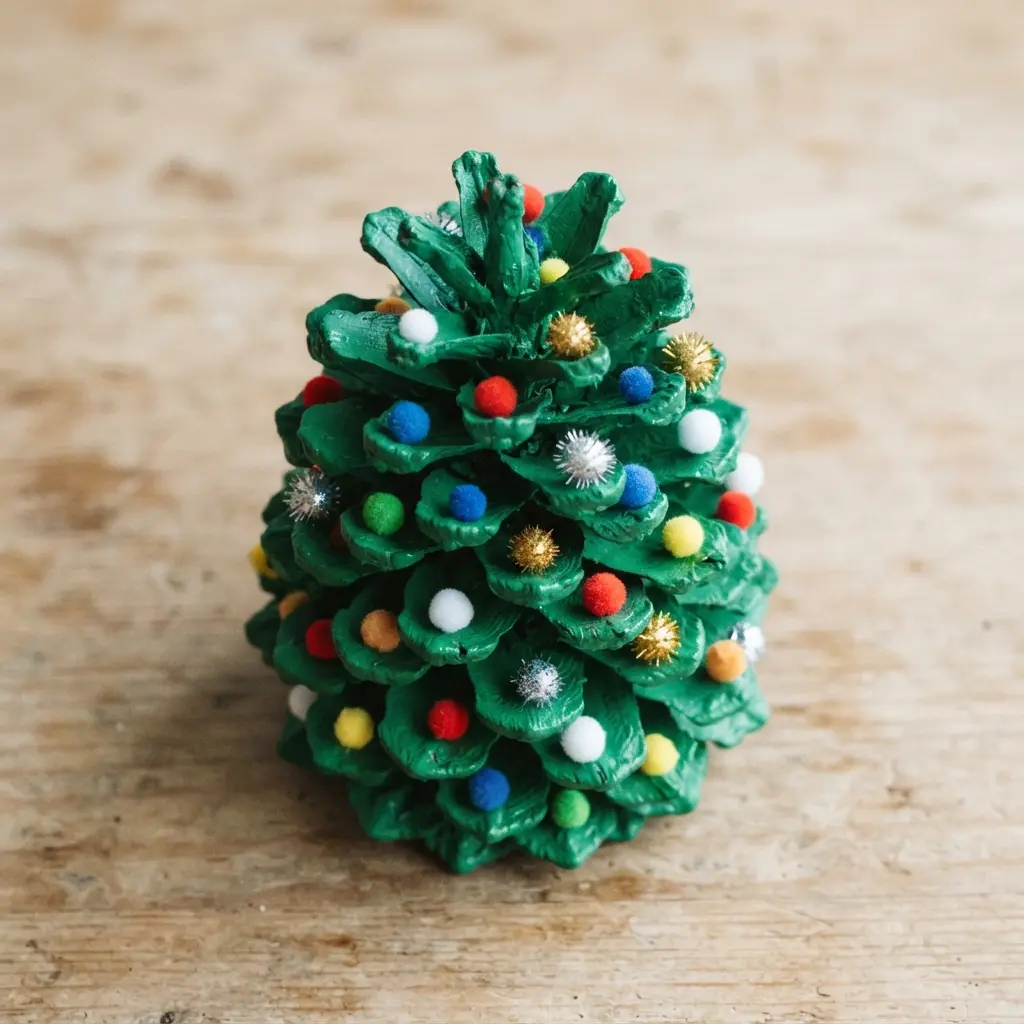 A natural pinecone painted bright green with small colorful pom-poms glued on as decorations.