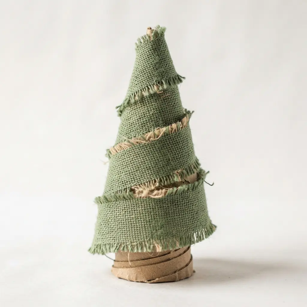 A small Christmas tree made by wrapping green burlap ribbon around a cardboard cone form.