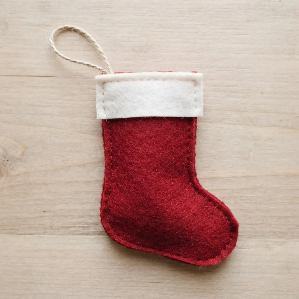 A red felt stocking ornament with a white felt cuff and a loop for hanging on the tree.