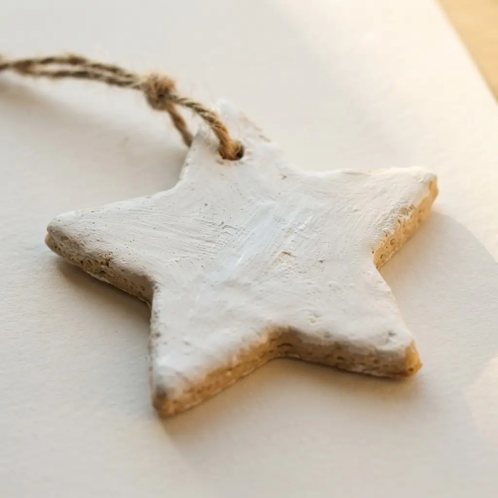A baked and painted salt dough star with a hole punched at the top for threading ribbon as a gift tag.