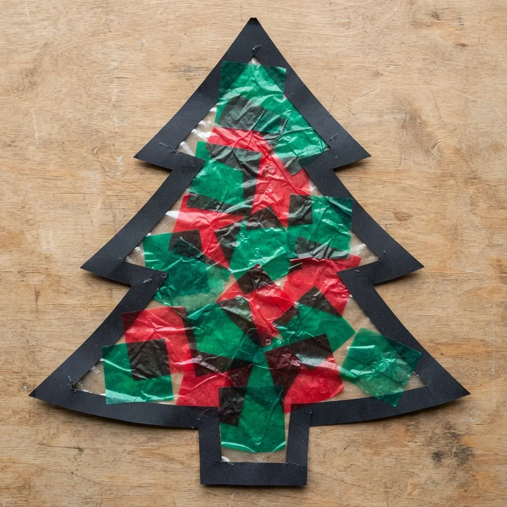 A Christmas tree suncatcher made from black construction paper outline filled with green and red tissue paper.