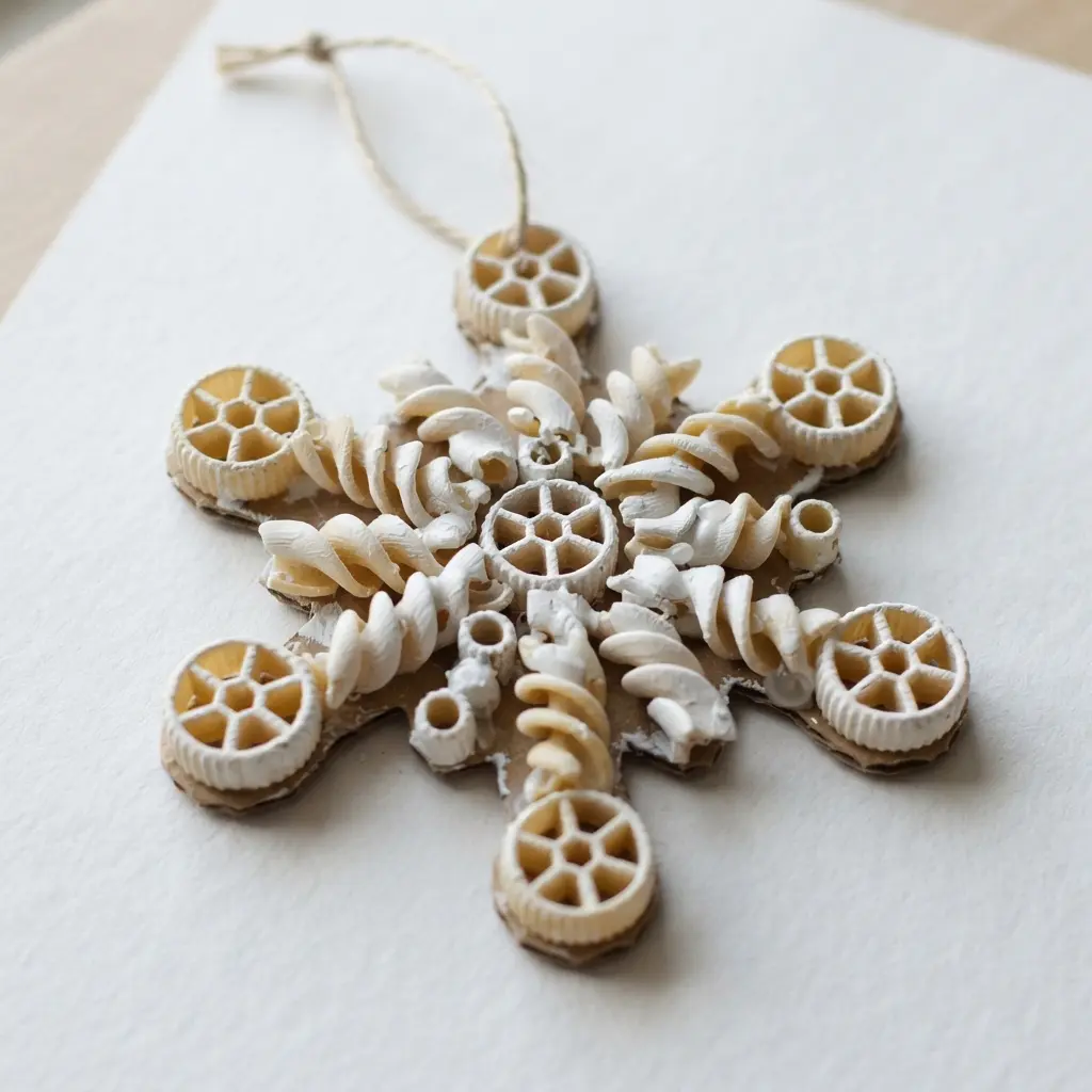 A white painted snowflake ornament made by gluing wheel and noodle pasta shapes onto cardboard.