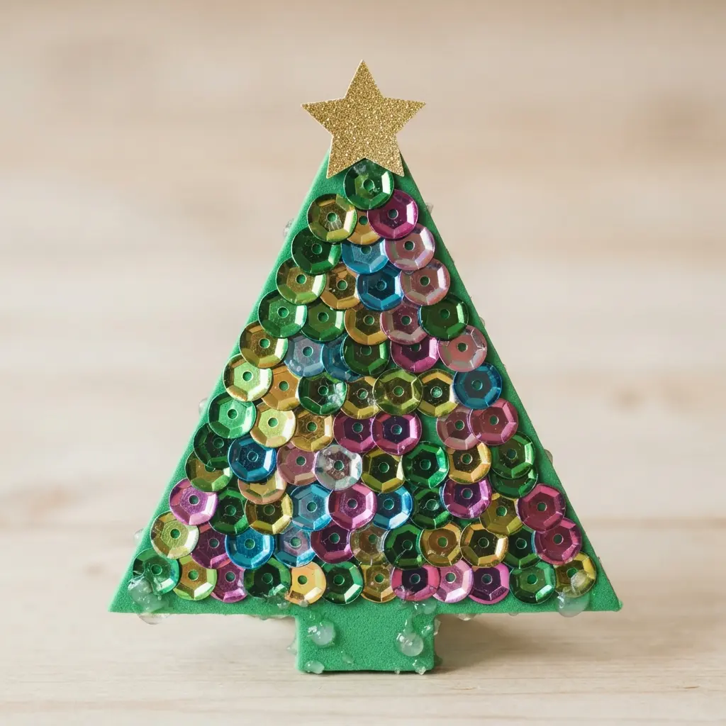 A green craft foam Christmas tree shape decorated with glued-on sequins and a star on top.