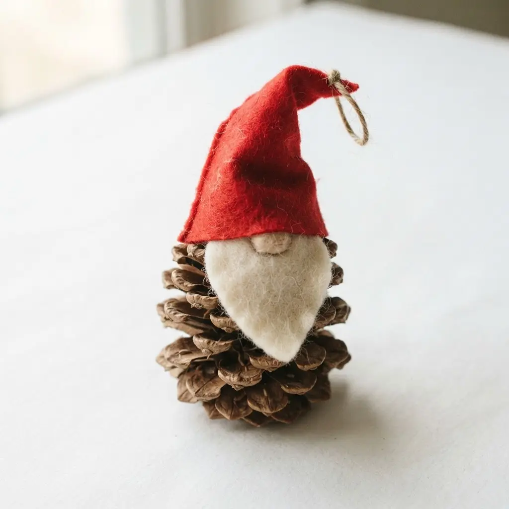 A small gnome figure with a pinecone body, a red felt hat, and a white felt beard.