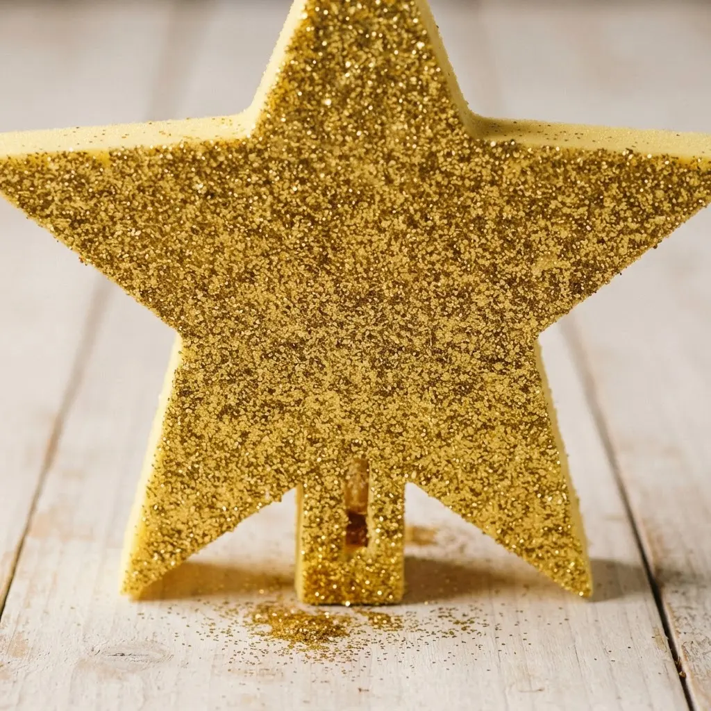 A gold glitter craft foam star shape with a slit in the bottom to sit atop a paper tree.