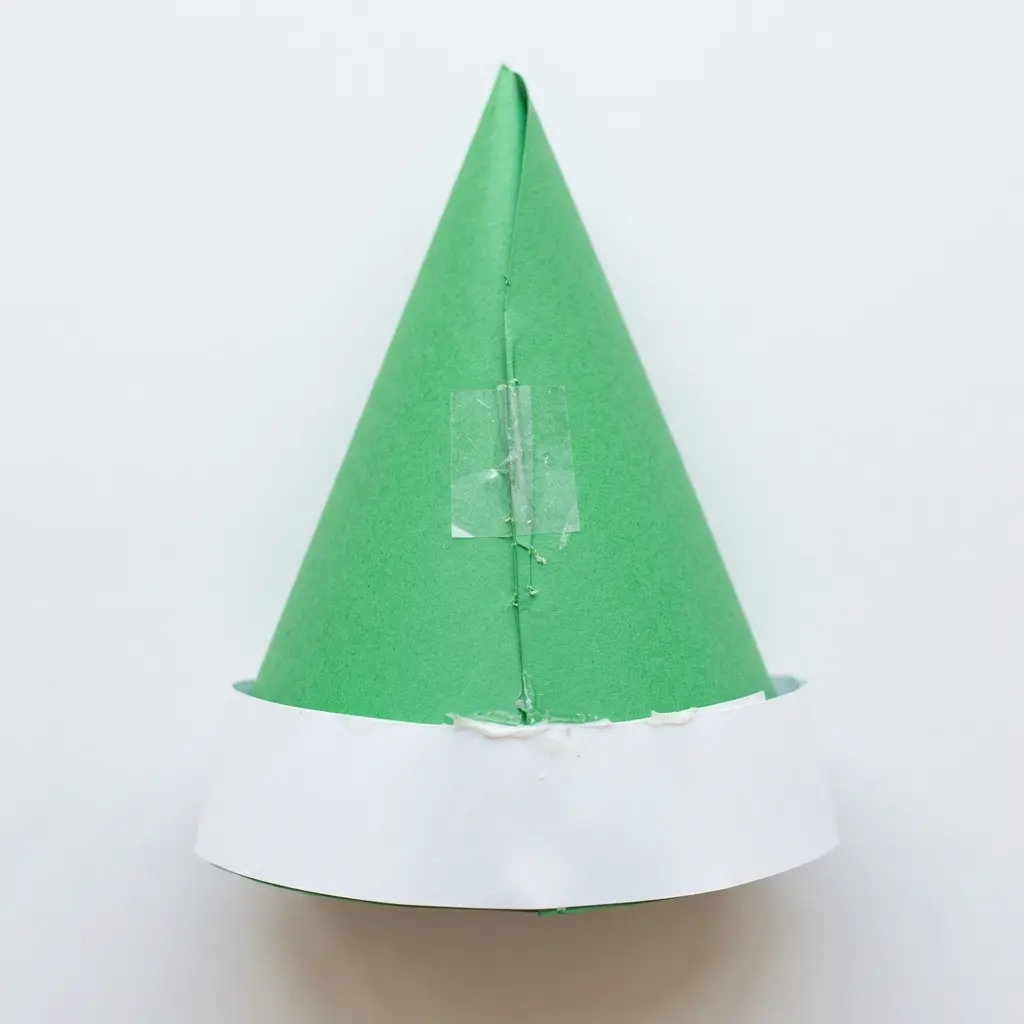 A simple pointed elf hat made from a rolled cone of green construction paper with a white paper cuff.