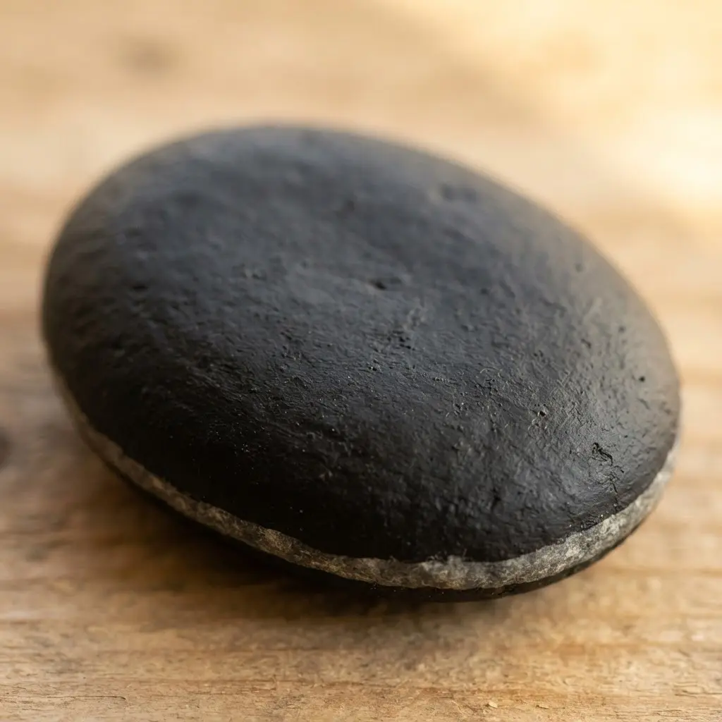 A smooth, oval-shaped rock painted solid black to resemble a playful lump of holiday coal.