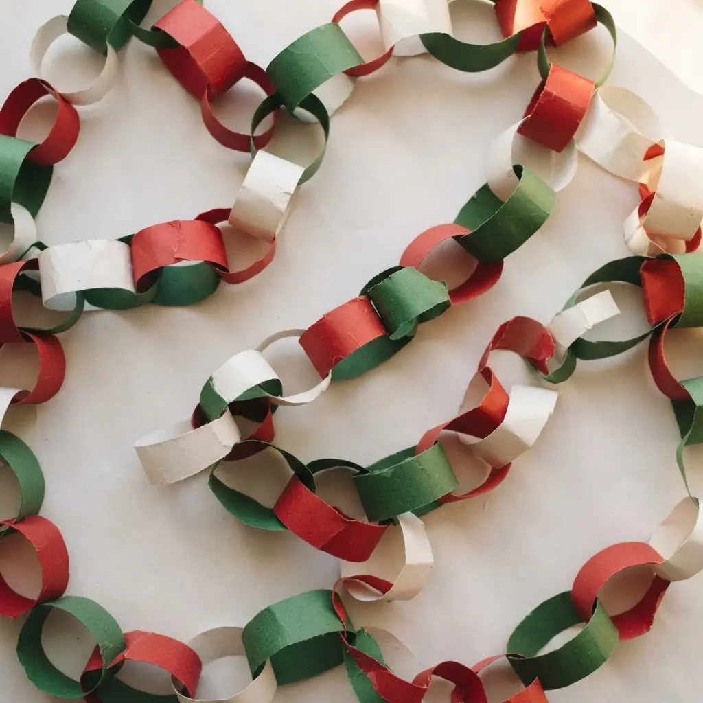 A festive paper chain garland made from interlocked red and green cardstock strips.