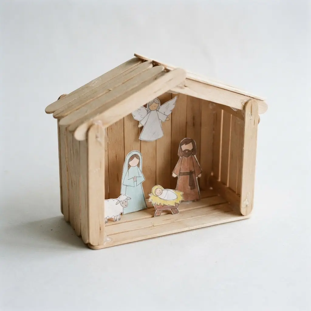 A small stable scene constructed from glued popsicle sticks with paper cut-out figures inside.