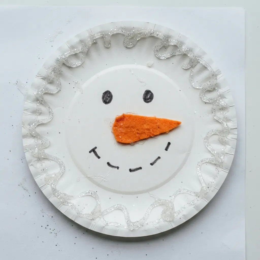 A white paper plate decorated as a snowman face with black felt eyes, an orange carrot nose, and glitter glue details.