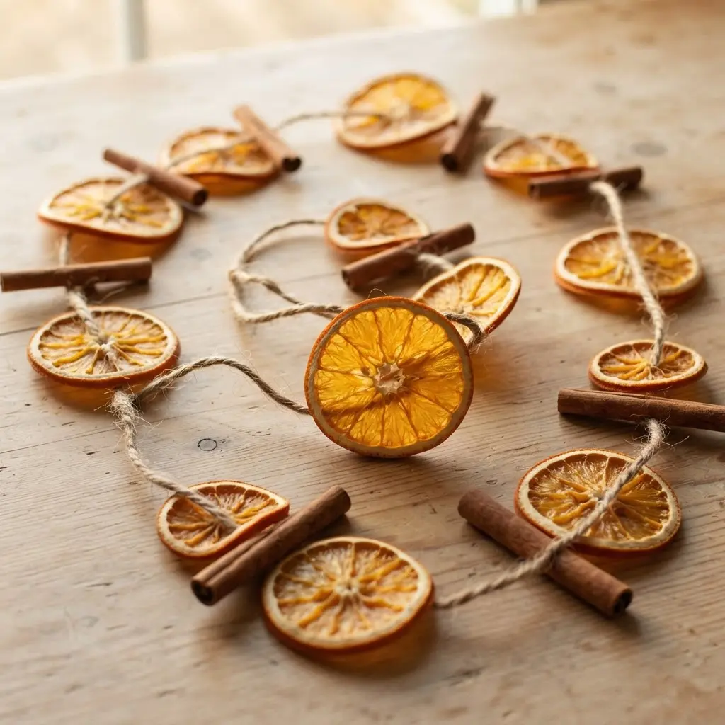 A natural garland made of dried orange slices and small cinnamon sticks threaded onto a piece of rustic twine.