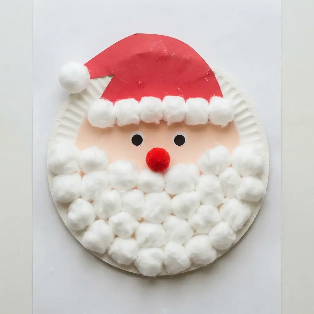 A paper plate mask with a cotton ball beard and a red construction paper hat for a Santa Claus face.