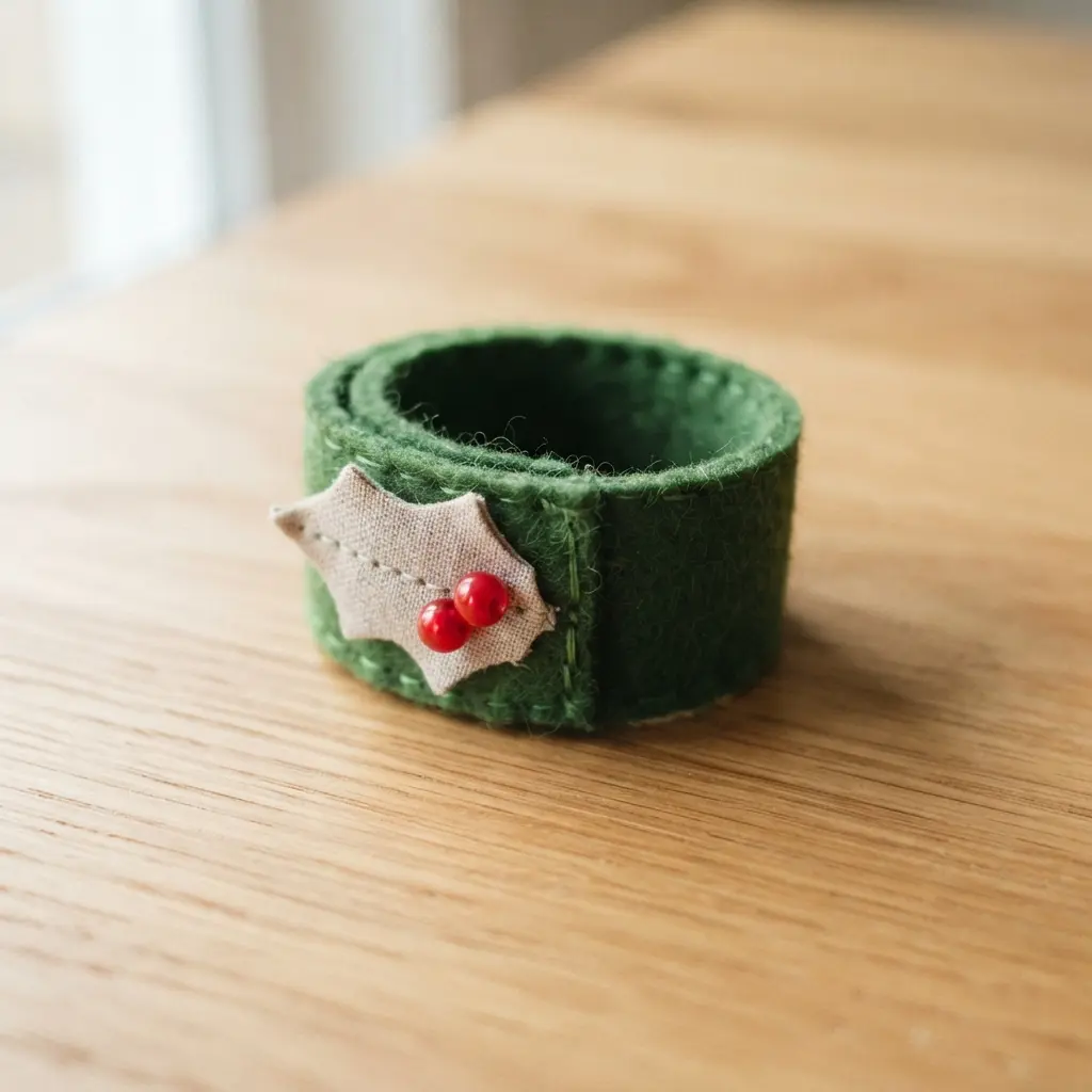 A simple napkin ring made from a strip of green felt shaped into a holly leaf with red bead berries.