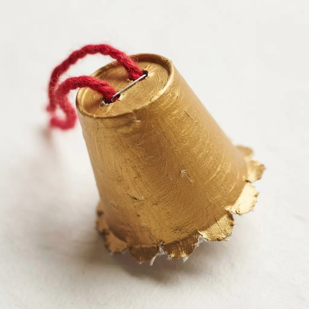 A gold-painted paper cup turned upside down to form a bell shape with a red yarn loop for hanging.