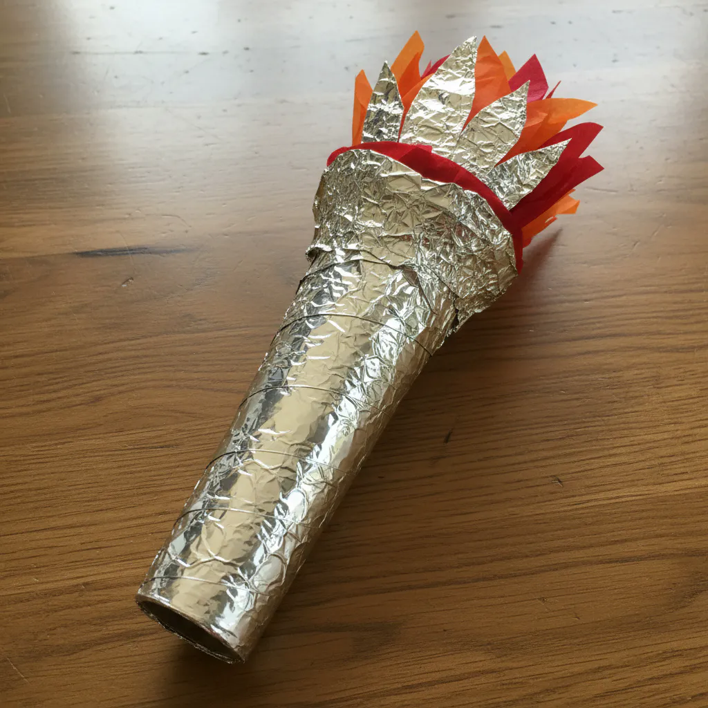 A simple torch made from a paper towel roll covered in shiny, textured aluminum foil.