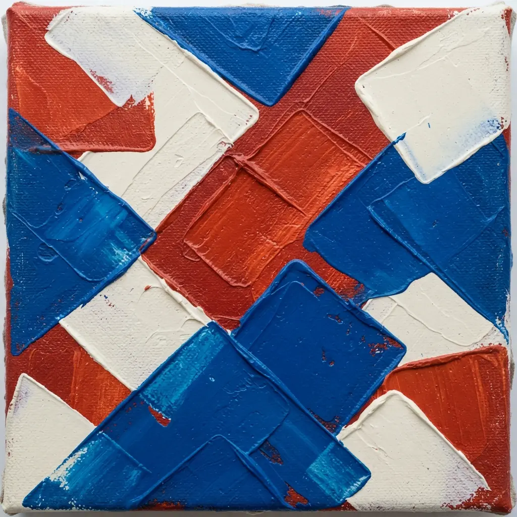 Bold opaque red, cream, and blue acrylic layers cover geometric shapes on a square canvas.