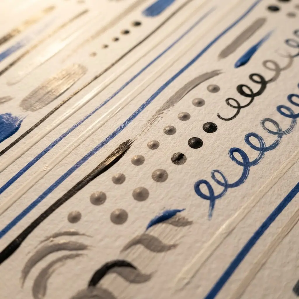 Acrylic Painting Techniques for Beginners shown through even lines, dots, and controlled curved strokes on white paper.