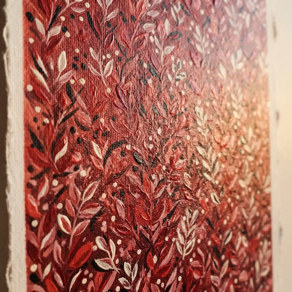Acrylic Painting Techniques for Beginners shown through fine red leaf outlines and small dots on canvas.