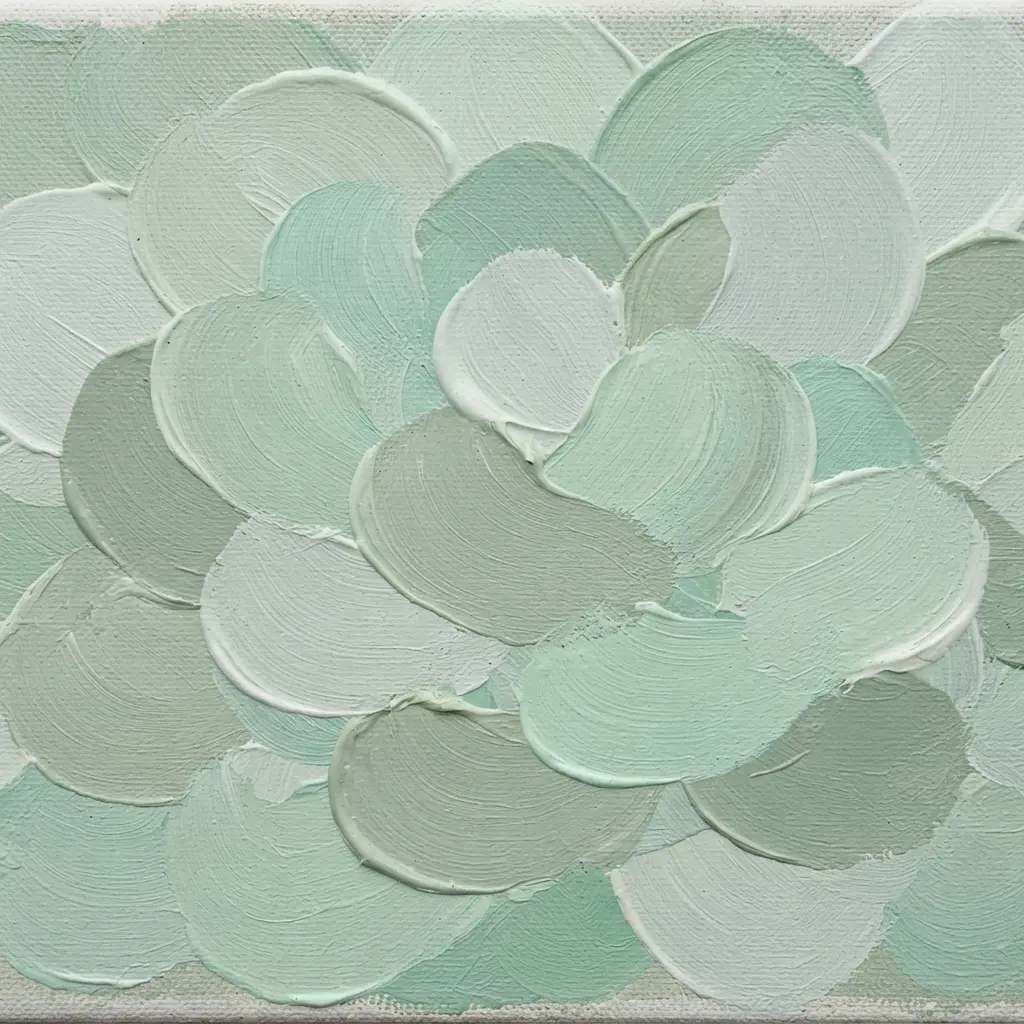 Acrylic Painting Techniques for Beginners shown as pale green overlapping petal textures made with a filbert brush.