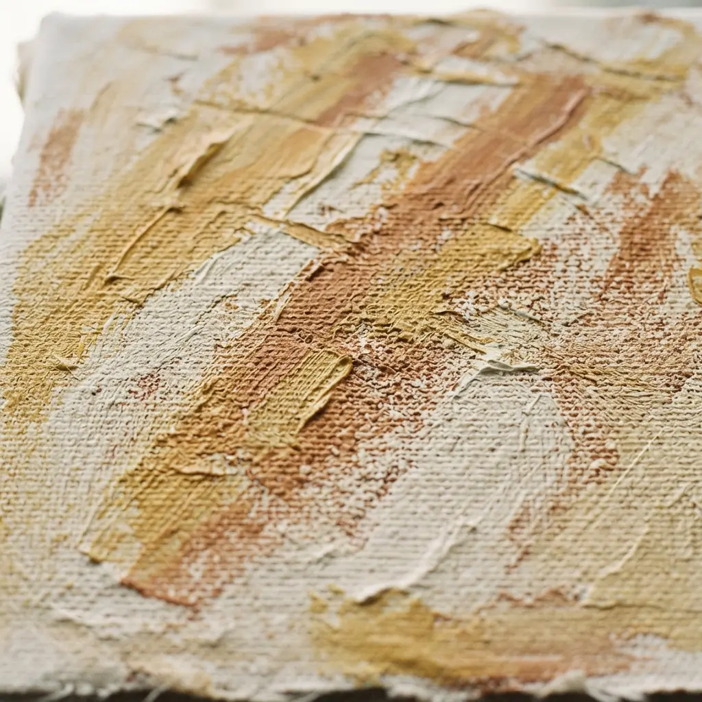 Dry brush leaves broken ochre strokes across a textured canvas surface beside a loaded brush.