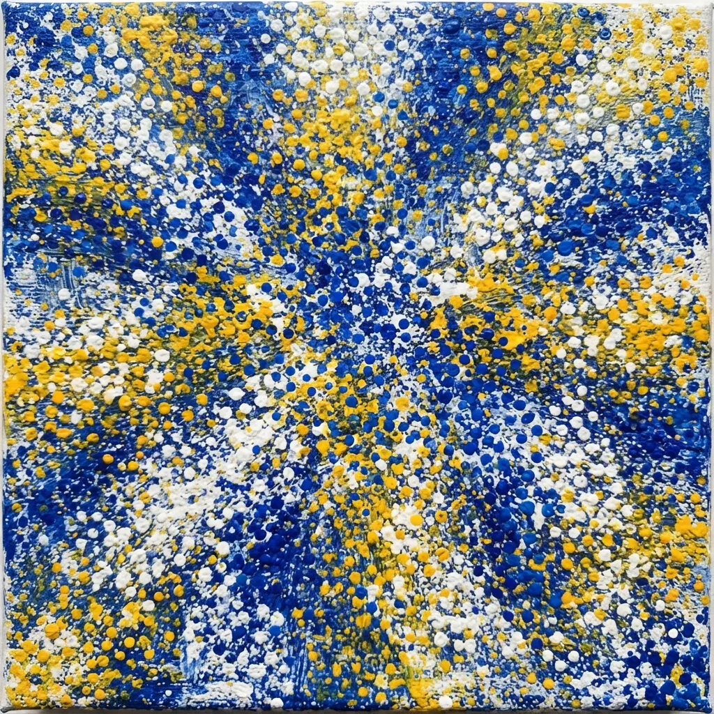Small blue, yellow, and white stippled dots form a clustered pattern on a canvas board.